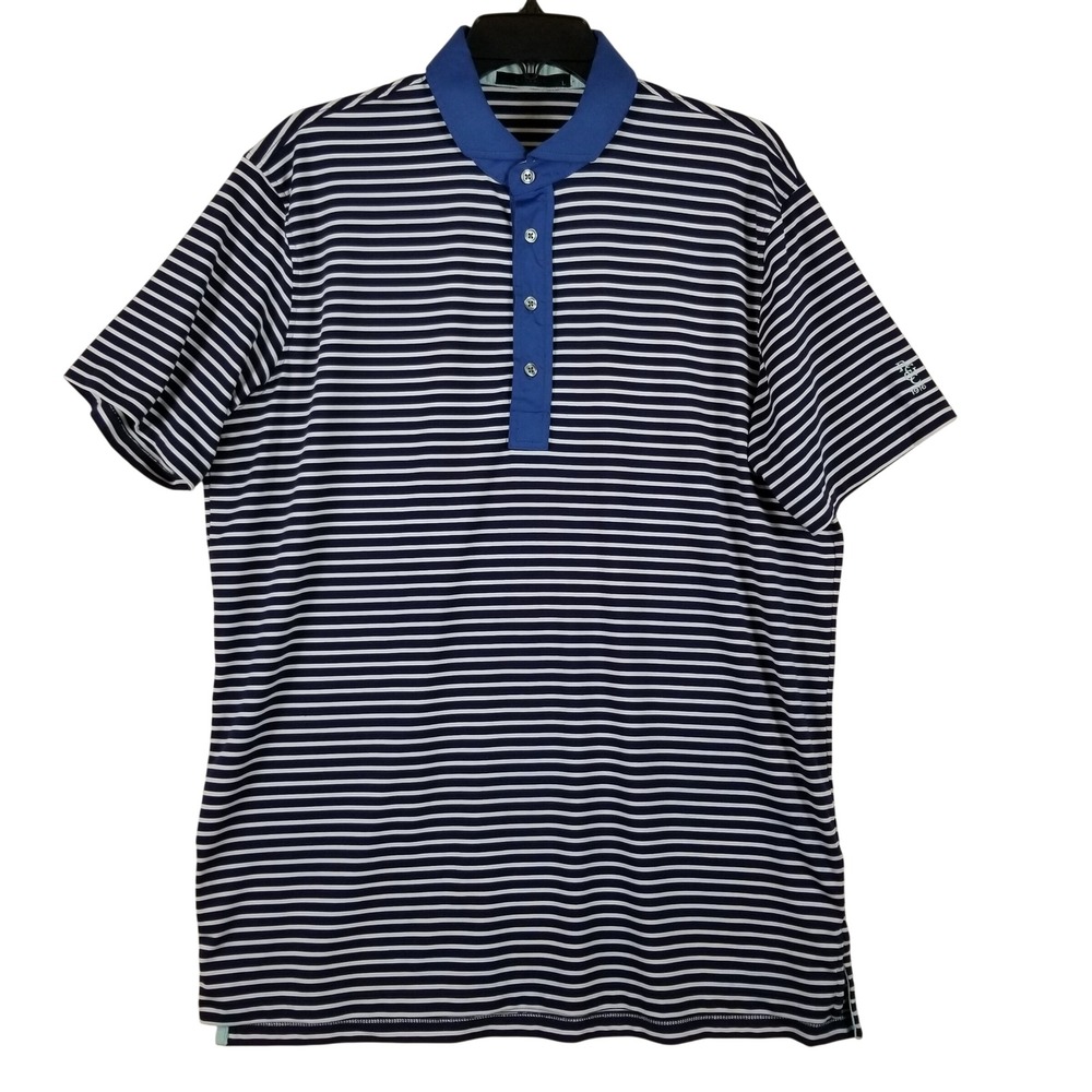 Greyson Mens Striped Performance Golf Polo Shirt Navy Blue White Size Large